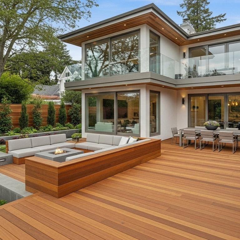 Custom cedar deck with built-in seating and pergola