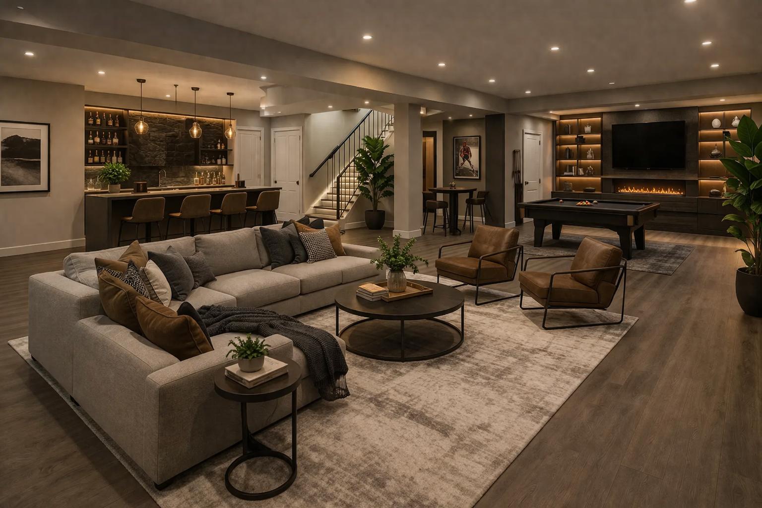 Finished basement renovation with open plan layout by Gabriele Contracting.